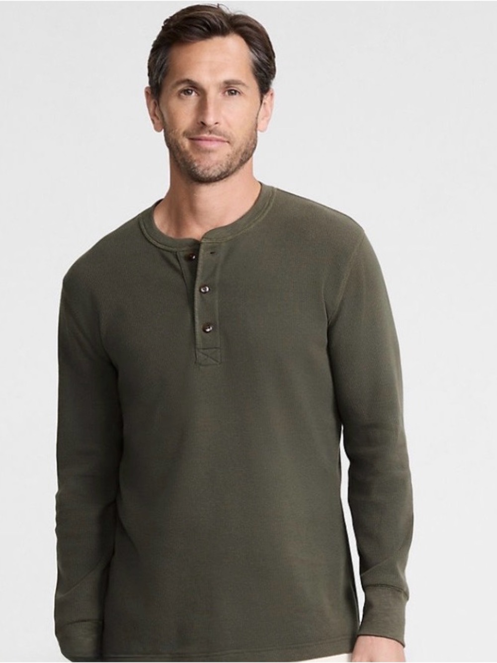 Eddie Bauer Long Sleeve Thermal Henley Shirt Olive Green Mens L Waffle Knit